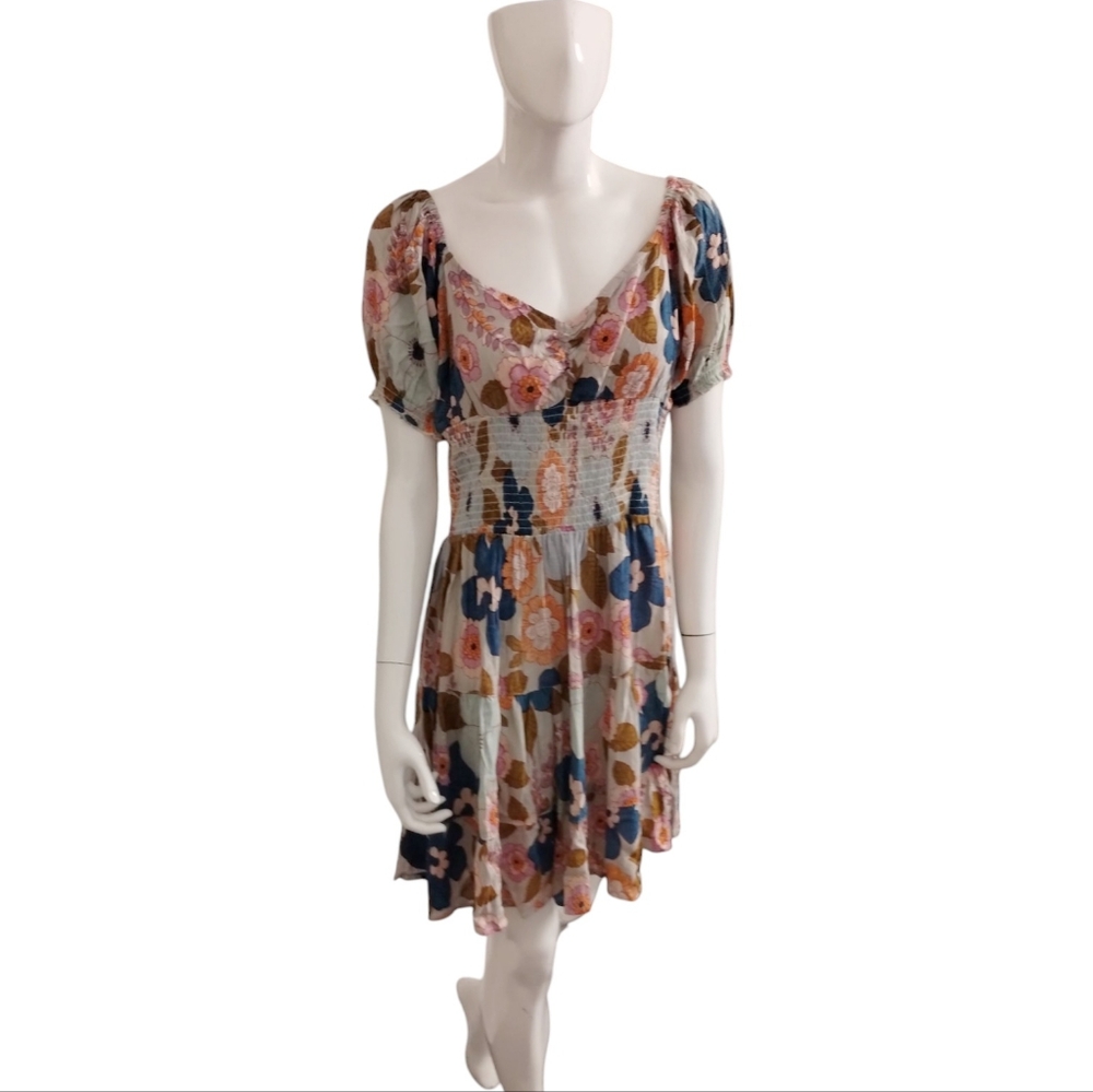 Angie Women's Smocked Babydoll Tiered Cottagecore Boho Whimsical Mini Dress Sz L — image 2 of 8